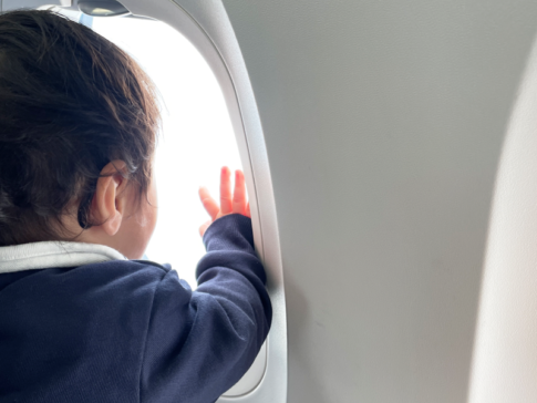 飛行機の窓を覗く息子